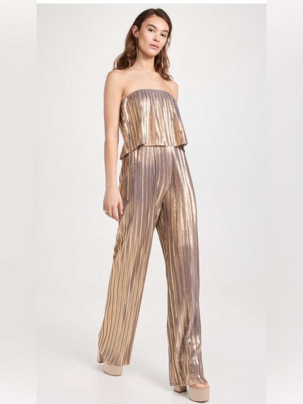 Amanda Uprichard Collina Pleated Jumpsuit Gold XS NWT Strapless Wide Leg
